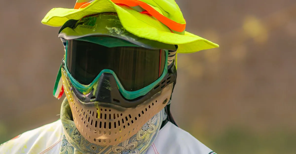 Close-up of a player wearing a top-rated paintball mask with thermal anti-fog lens